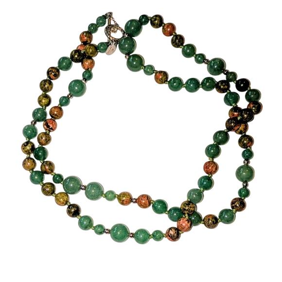 VTG 925 Sterling Silver India Stamped Jade Beaded Necklace Green Orange 33 Inch - Picture 4 of 5